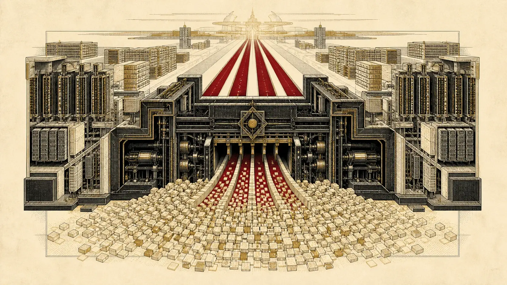 Engraved editorial cutaway of an inference hall turning scattered token tiles into four disciplined crimson lanes.