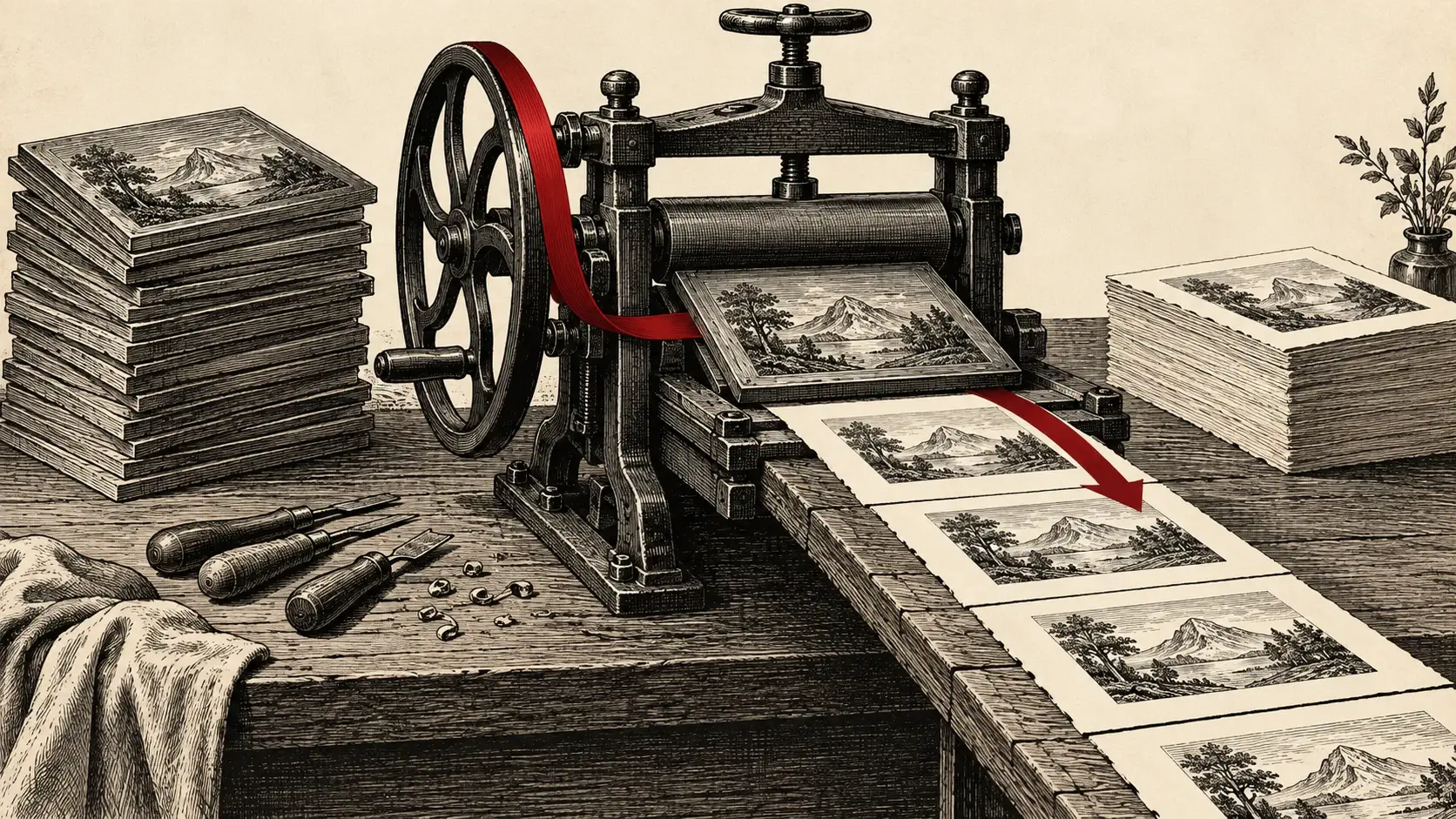 Generierte Illustration im Kupferstichstil: Eine Druckpresse erzeugt gleiche Abzüge von einer wiederverwendbaren Platte; links liegen weitere Platten neben einem karmesinroten Band.