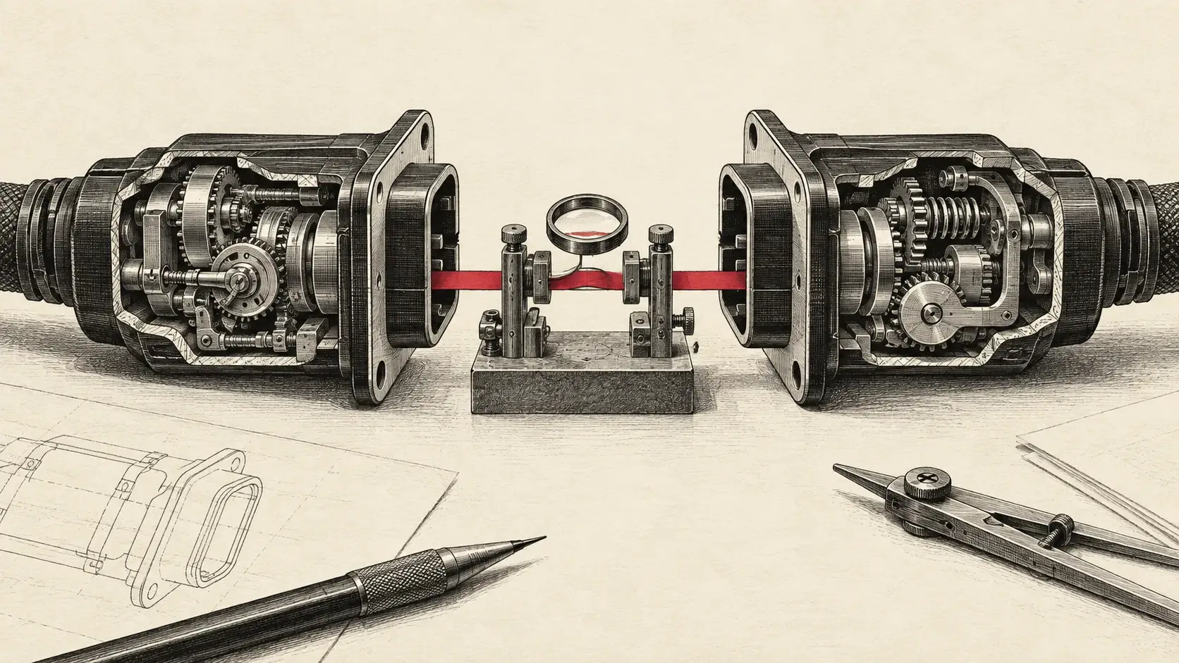 Two black mechanical connector cutaways on a warm cream drafting table, linked by a crimson strip through a central inspection jig.