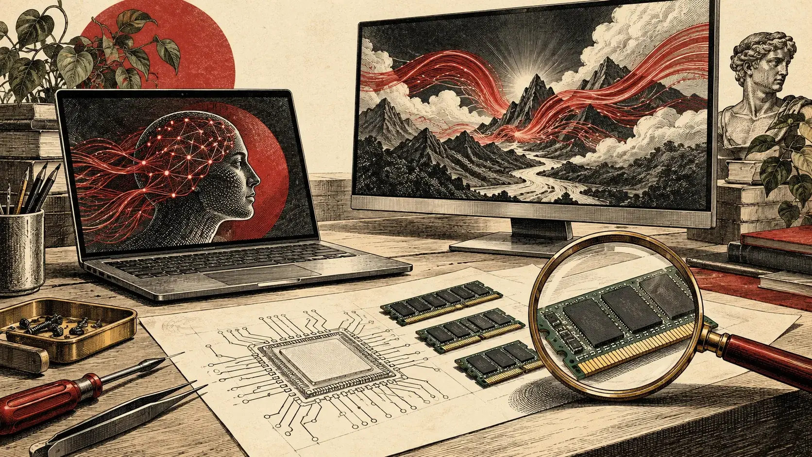 Generierte redaktionelle Illustration eines markenlosen Laptops und Desktop-Rechners auf einer Werkbank mit Speichermodulen unter einer Lupe.