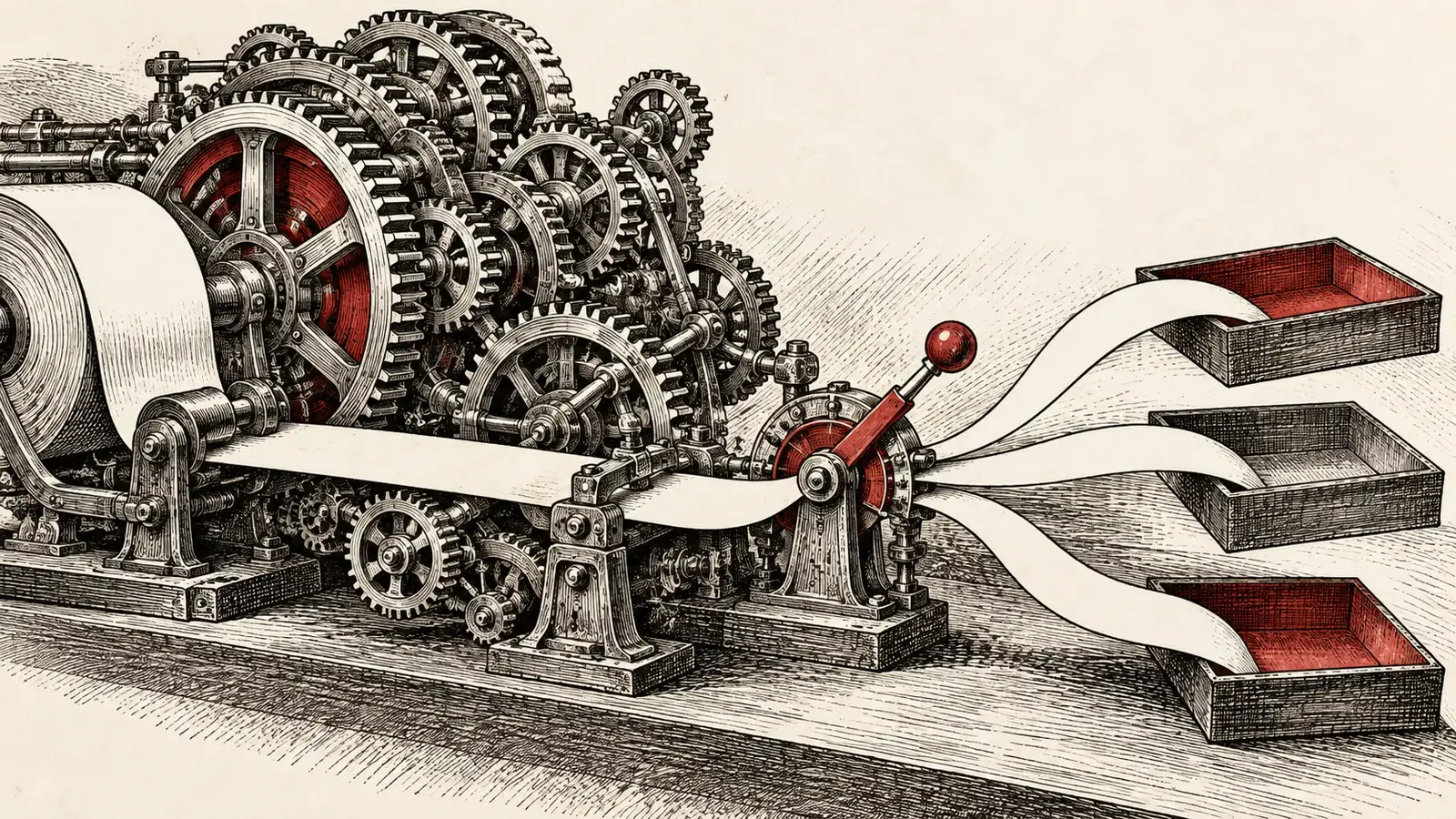 AI-generated conceptual engraving of a mechanical engine powering a routing switch that directs blank paper into three trays; it illustrates specialization, not measured performance.