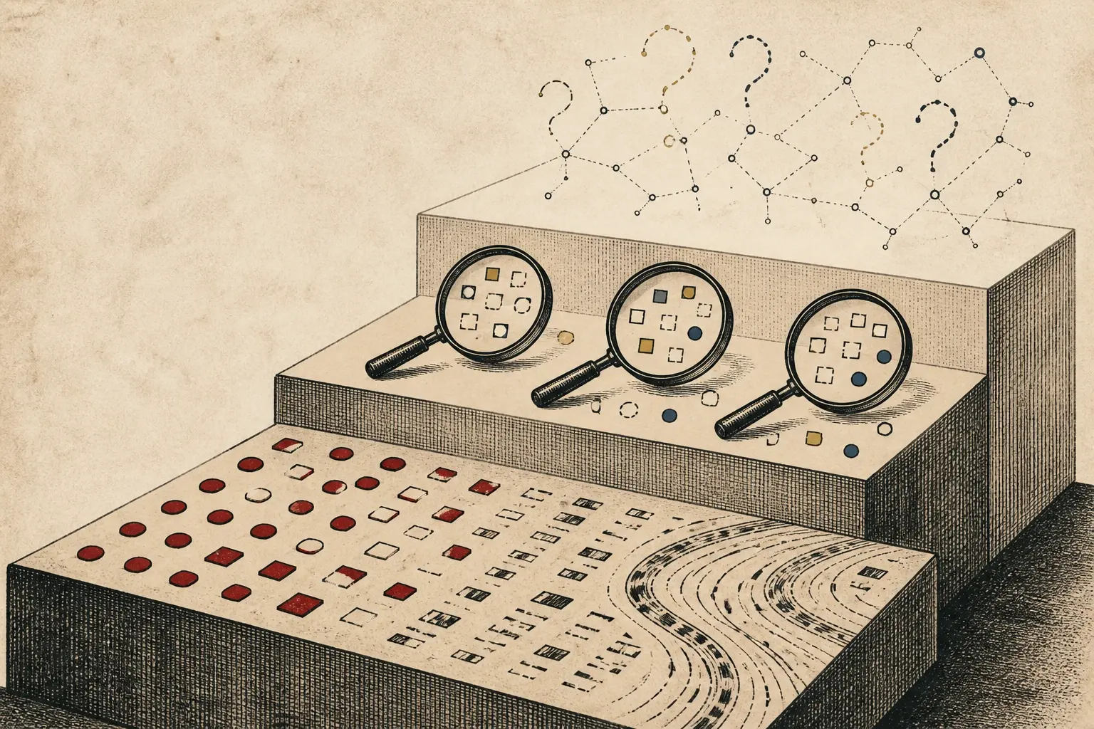 Three engraved magnifying glasses inspect different patterns while question marks hover above an unlabeled evidence table.