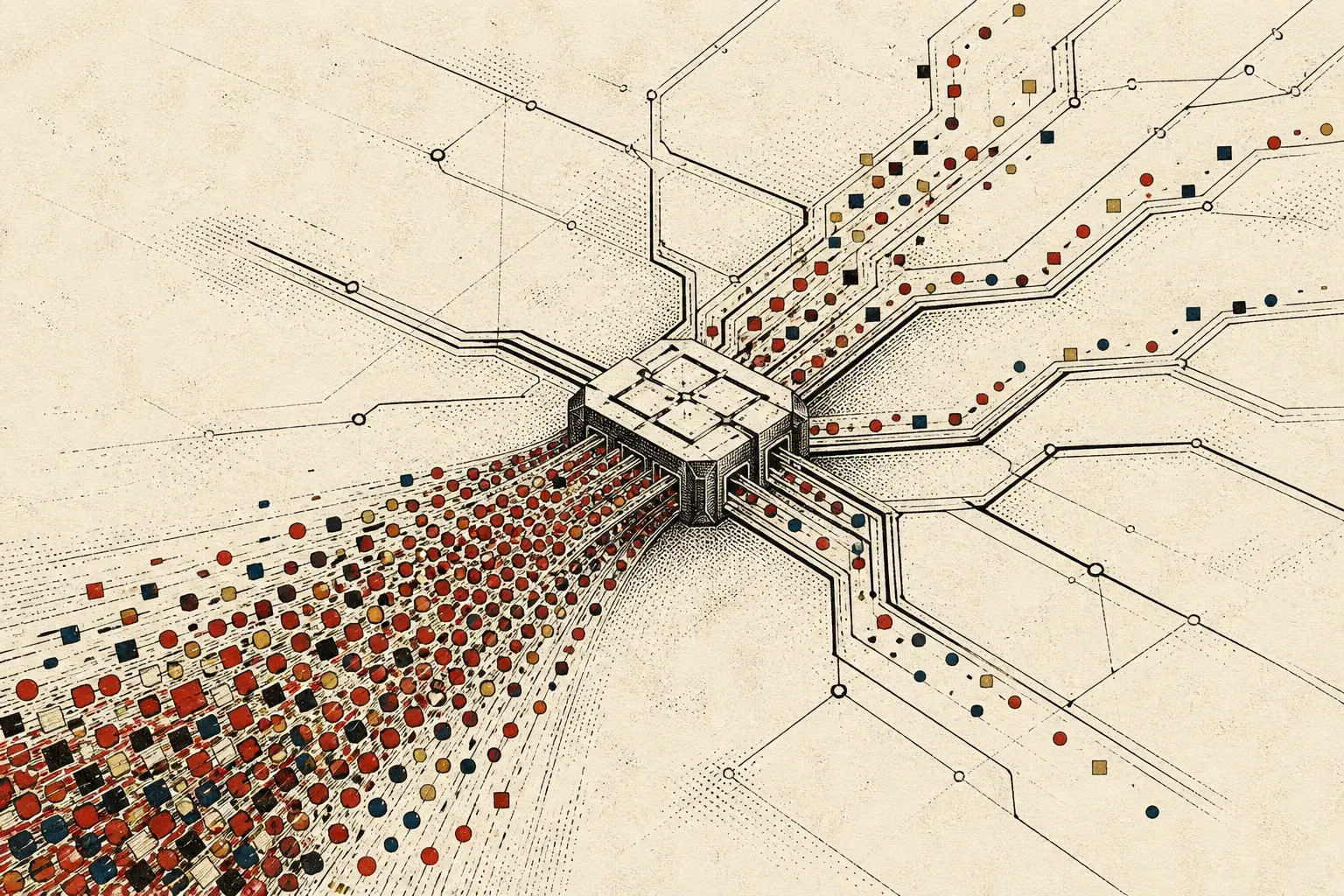 A dense flow of red, black, navy, and gold markers streams through an engraved routing junction and fans into many paths.