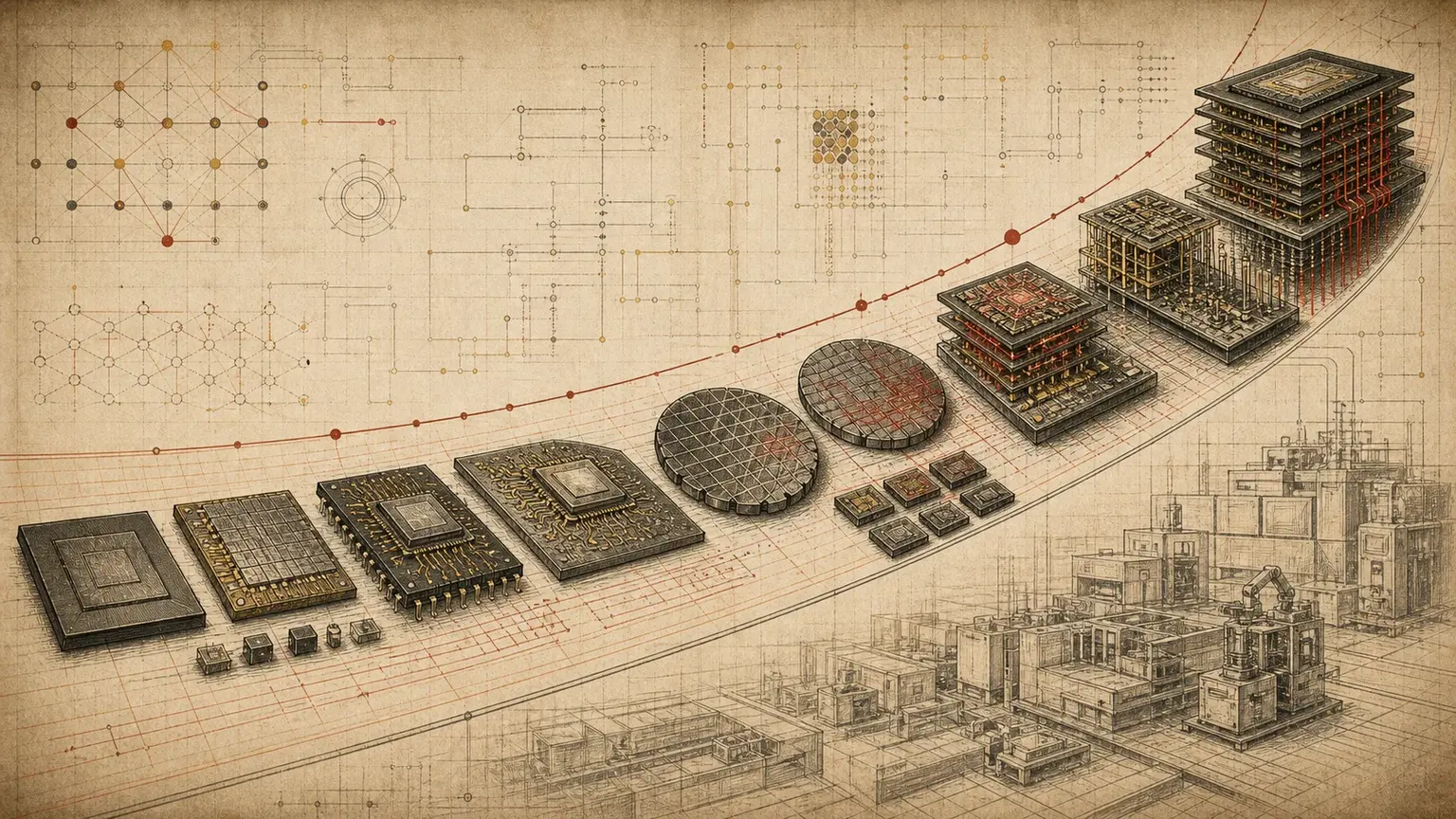 Editorial illustration of a semiconductor scaling frontier moving from flat chips to stacked compute structures