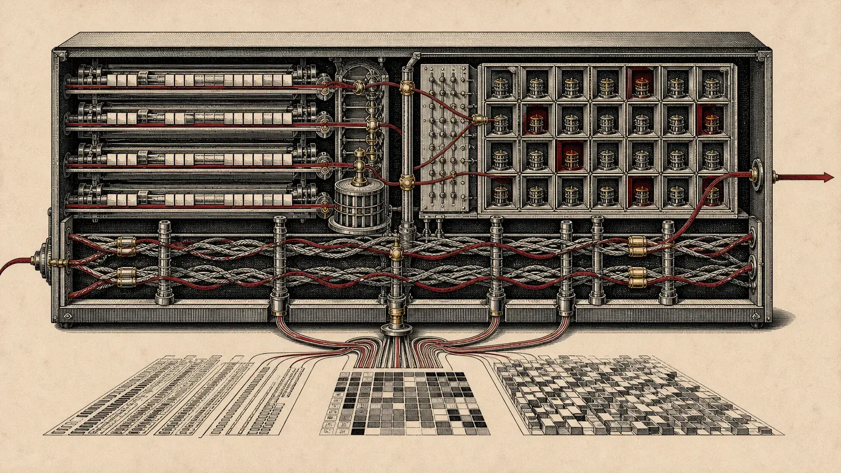 Engraved cutaway of a hybrid inference machine with memory rails, selective routing chambers, braided residual streams, and a narrow crimson signal path.
