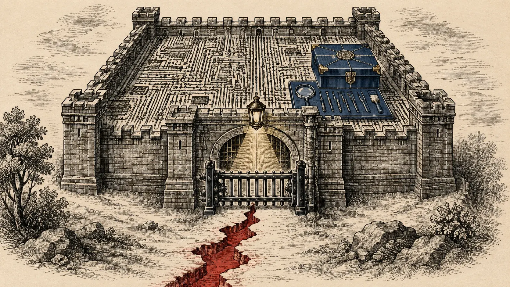 An engraved fortified gateway stops a crimson fissure beneath an inspection lantern, with repair tools inside.