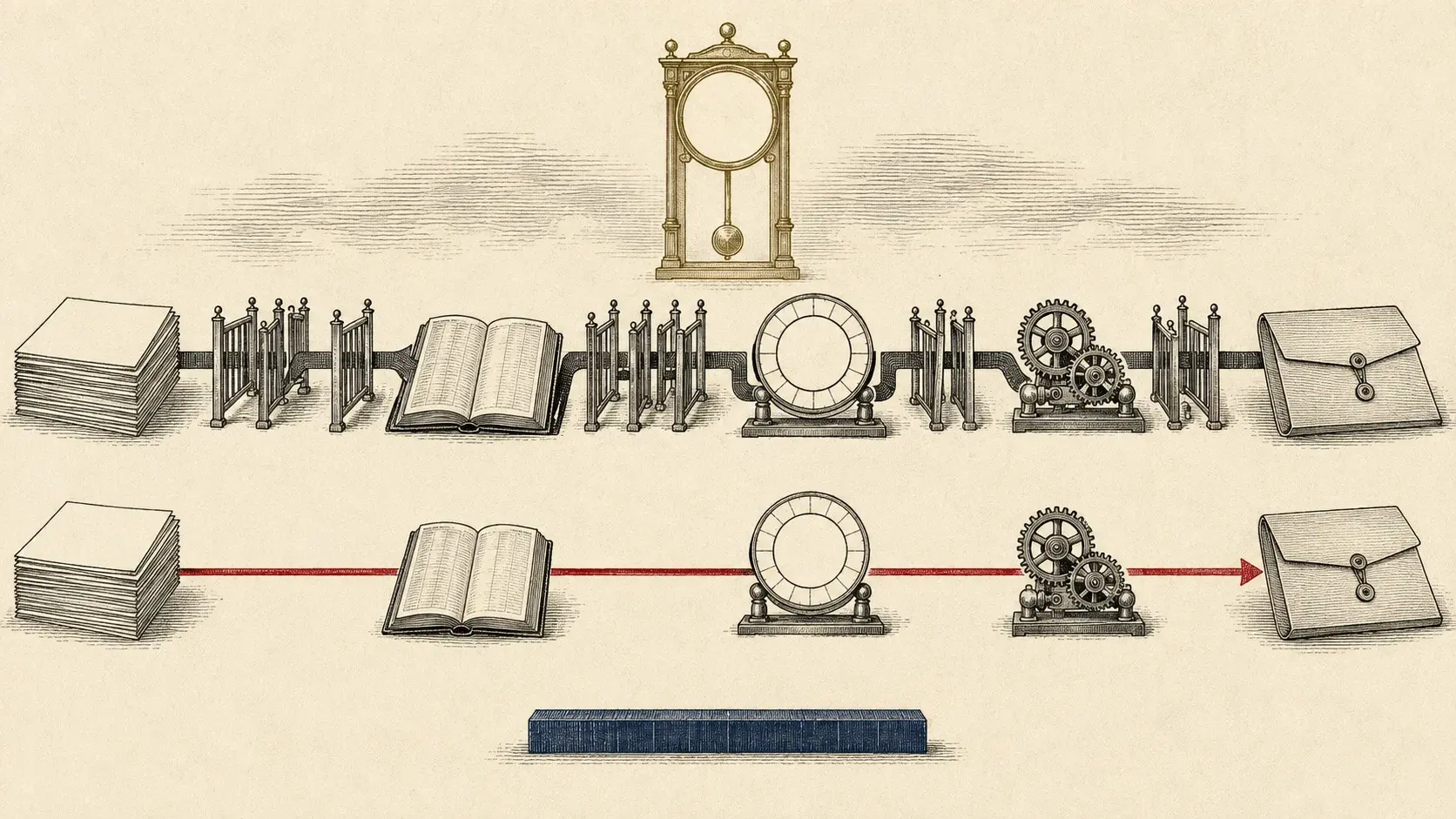 Two engraved workflow tracks pass the same office artifacts, with a crimson route reaching the final folder through fewer gates.