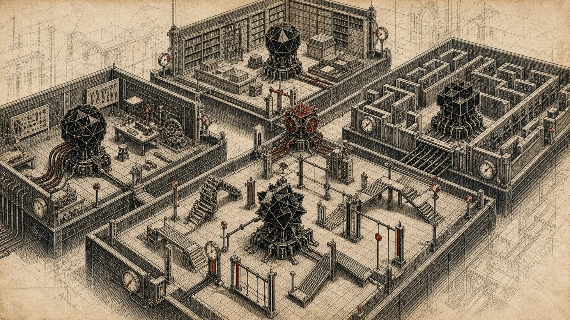 Engraved mechanical evaluation hall splitting four black AI engines across a coding workshop, terminal maze, knowledge archive, and obstacle course with distinct gauges and checkpoints