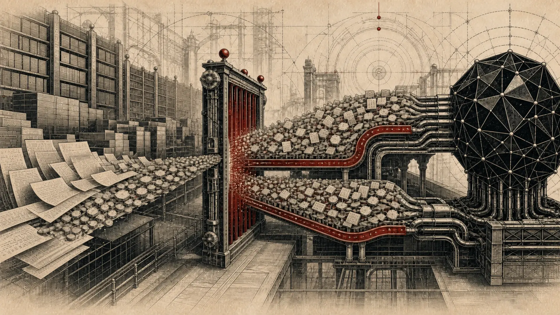 Engraved editorial scene of an archive stream passing through a crimson threshold gate, doubling into two heavy channels before entering a faceted black model core