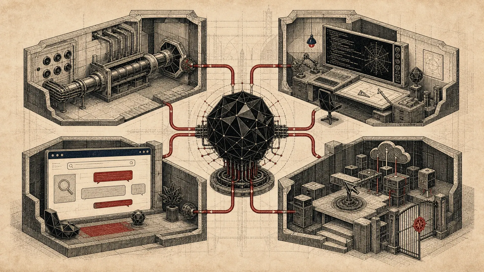Editorial engraving of a central faceted AI model connected by crimson conduits to separate API machinery, a coding workbench, a consumer chat window, and a persistent cloud-computer agent room