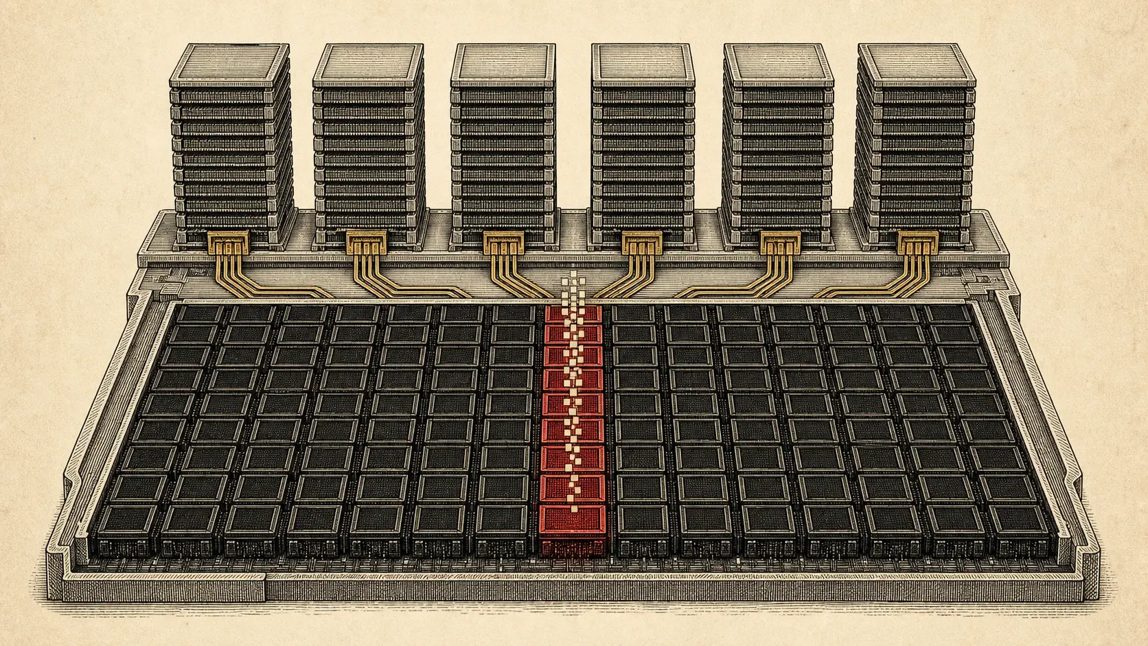 A fictional accelerator board shows narrow data routes from stacked memory to a large compute grid, leaving most compute cells dark while one narrow column works.