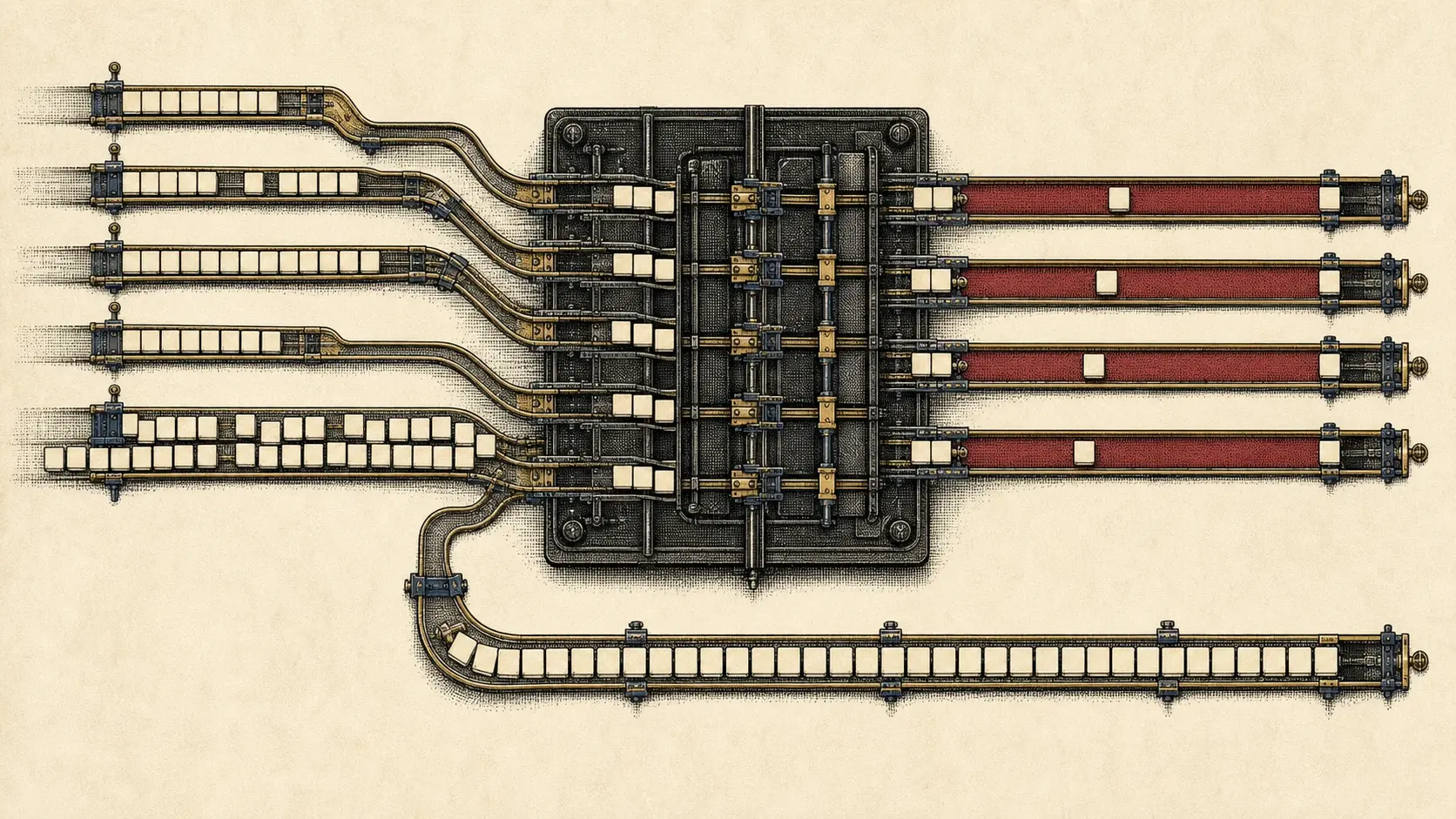A top-down token switchyard routes queues of different lengths through a central scheduler into parallel crimson decode lanes, with one long queue diverted to a side lane.
