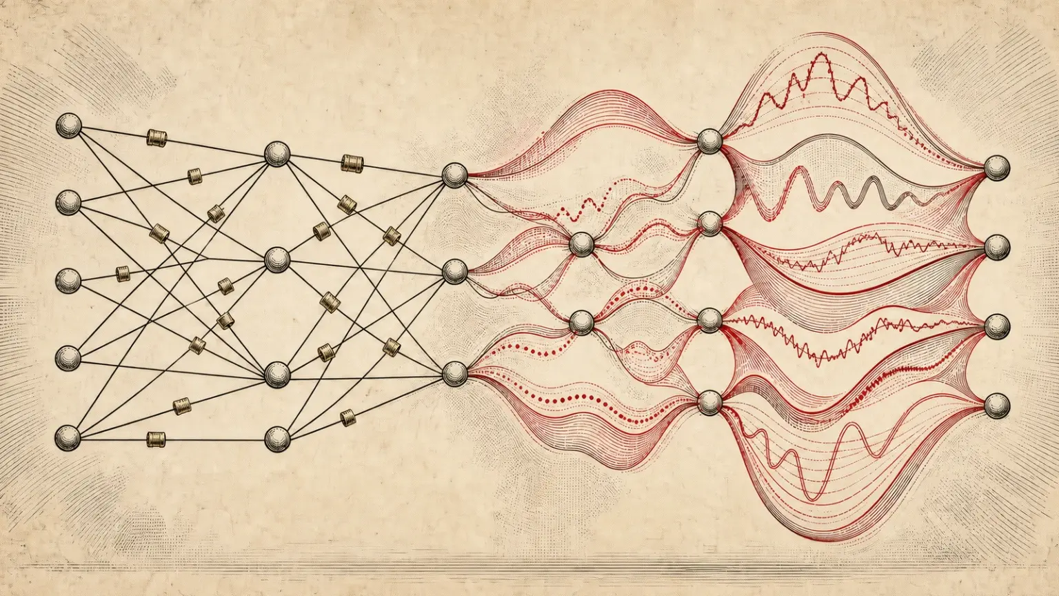 Newspaper-style network diagram with rigid black weighted connections on the left transforming into flowing crimson nonlinear functions carried along the connections on the right.