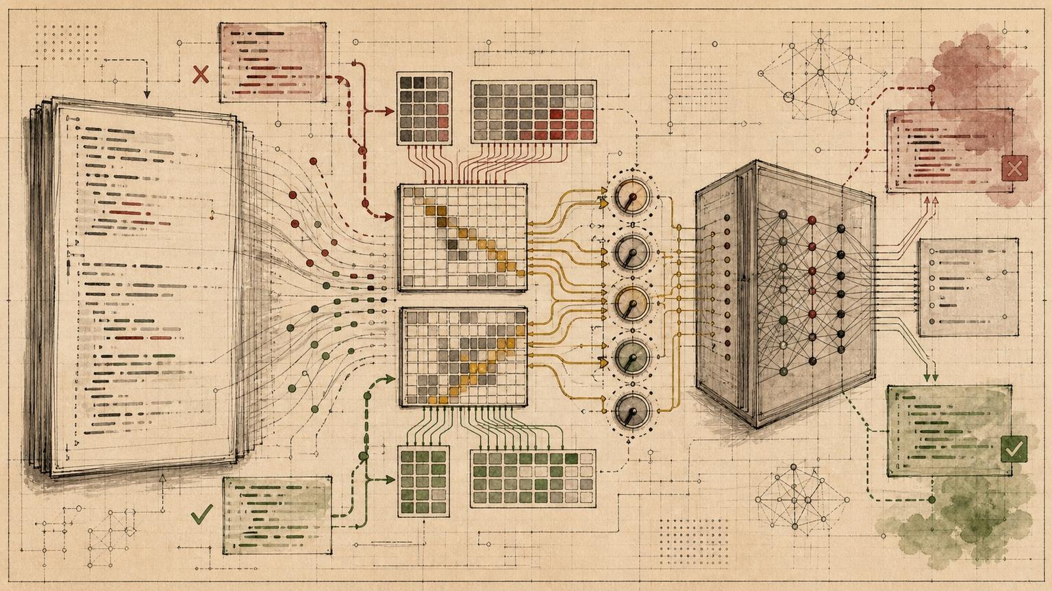 Editorial technical illustration of code changes flowing into hash-table memory grids and transformer attention gates
