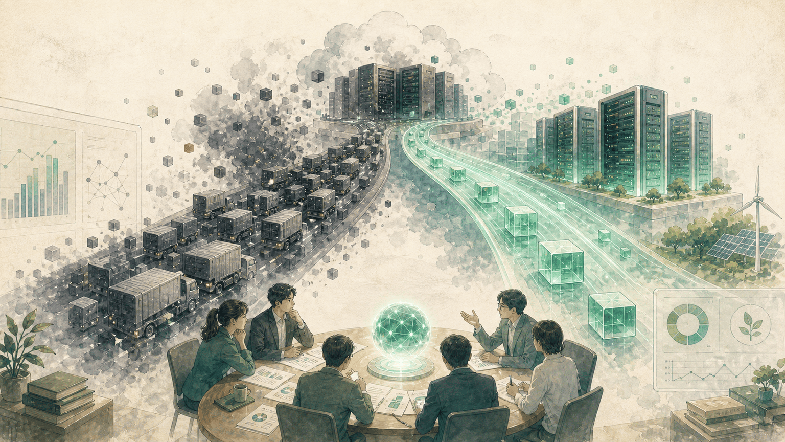 Watercolor editorial scene comparing dense compute traffic with clean sparse lanes into data centers