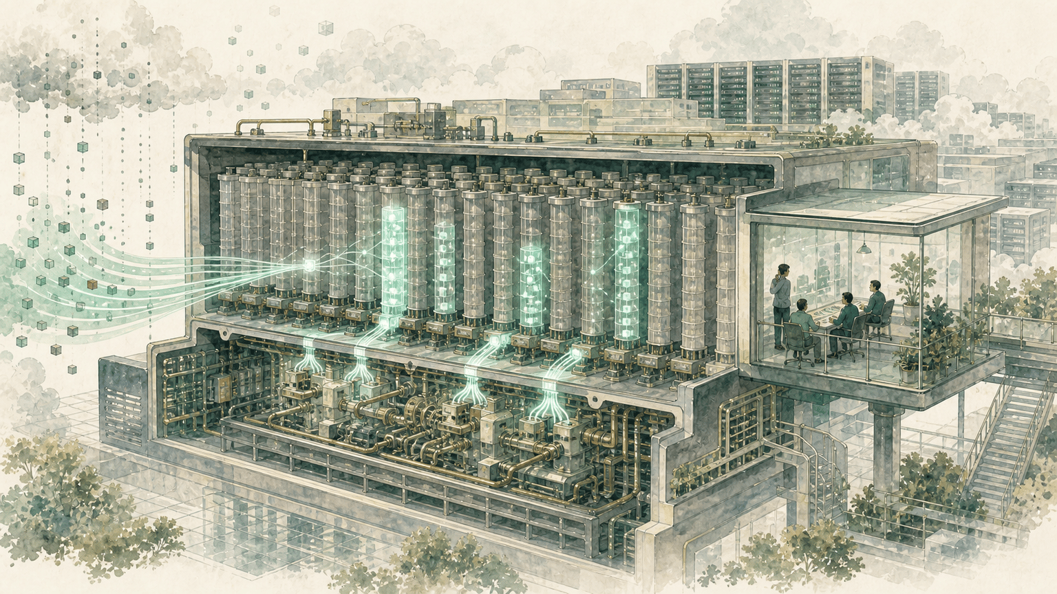 Watercolor cutaway of a sparse feedforward engine with most neuron columns dim and a few active channels glowing