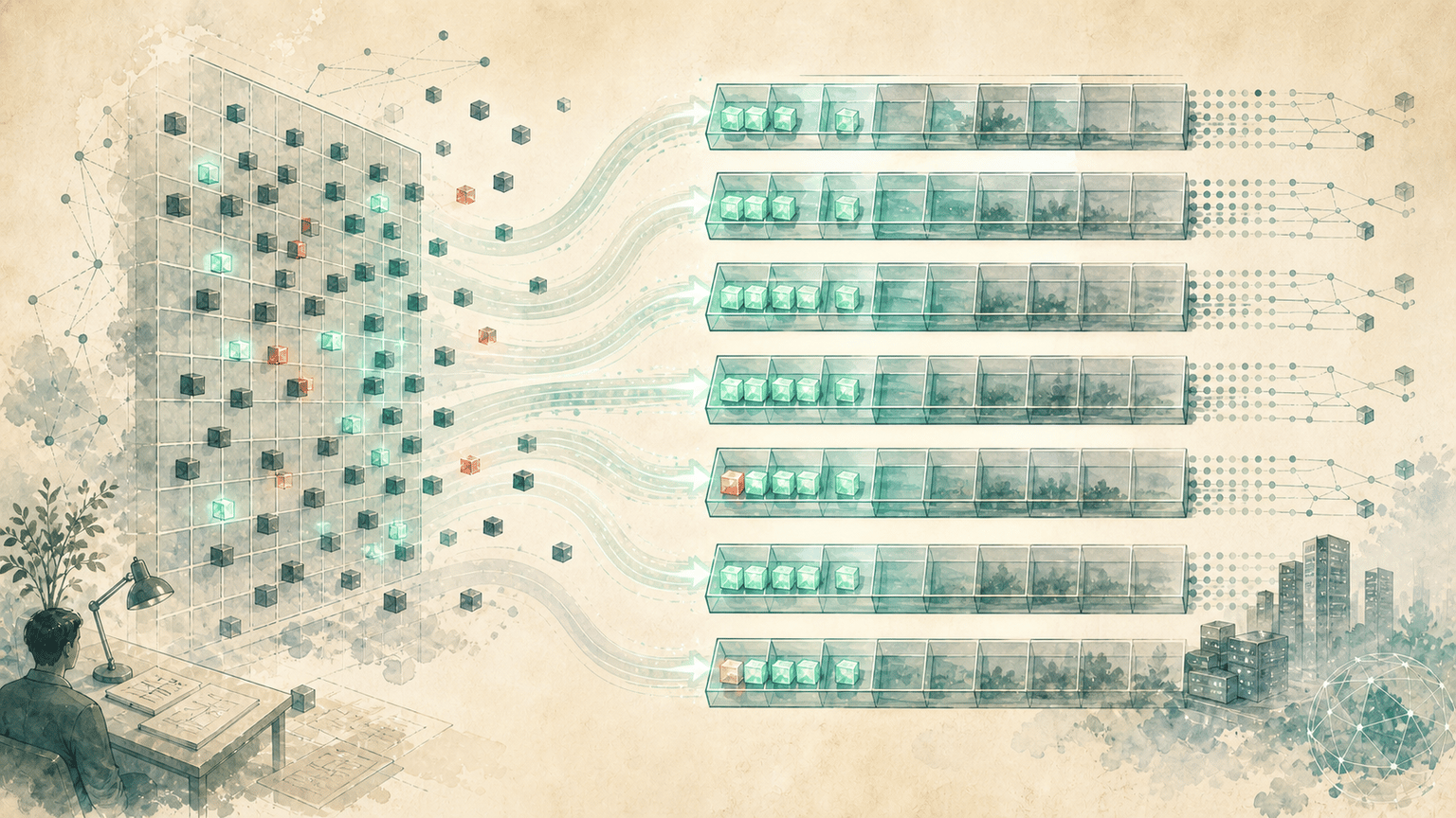 Watercolor editorial illustration of sparse matrix blocks transforming into organized tile-wise bands
