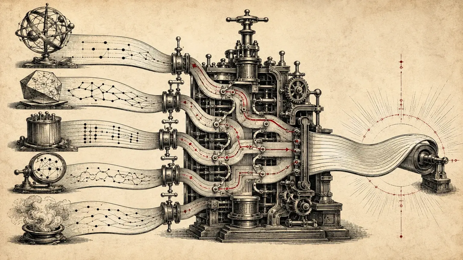 Engraved routing press coordinating five distinct reasoning streams into one output on cream newsprint.