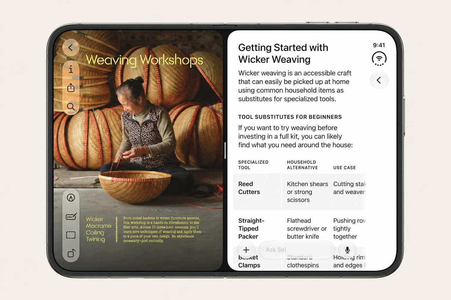 Apple’s unfolded iPhone Duo showing a Safari page for a wicker workshop alongside Siri AI.