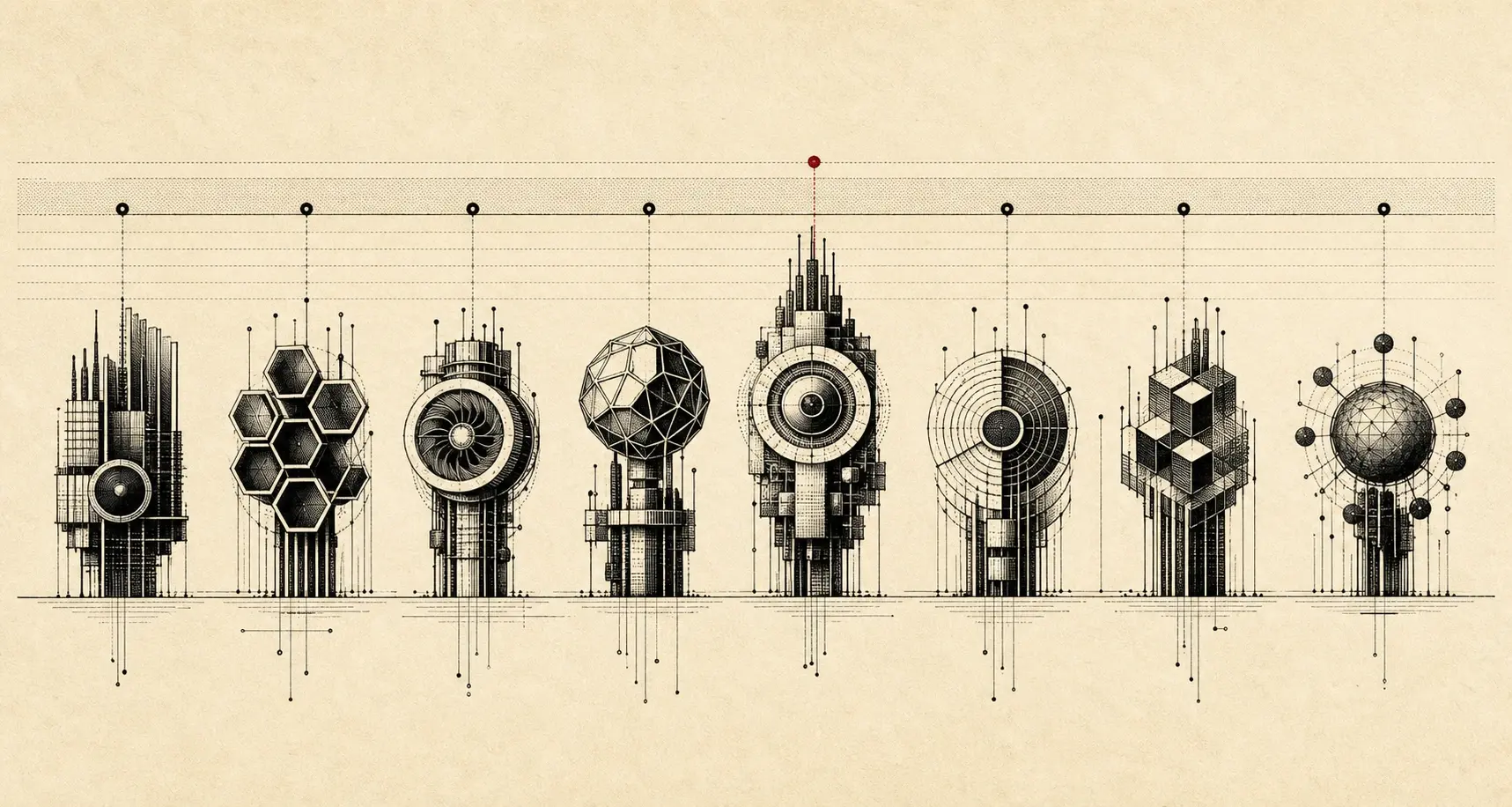 Eight abstract ink-black AI engine forms aligned beneath a shared measurement line, with one crimson marker only slightly above the tightly grouped field.