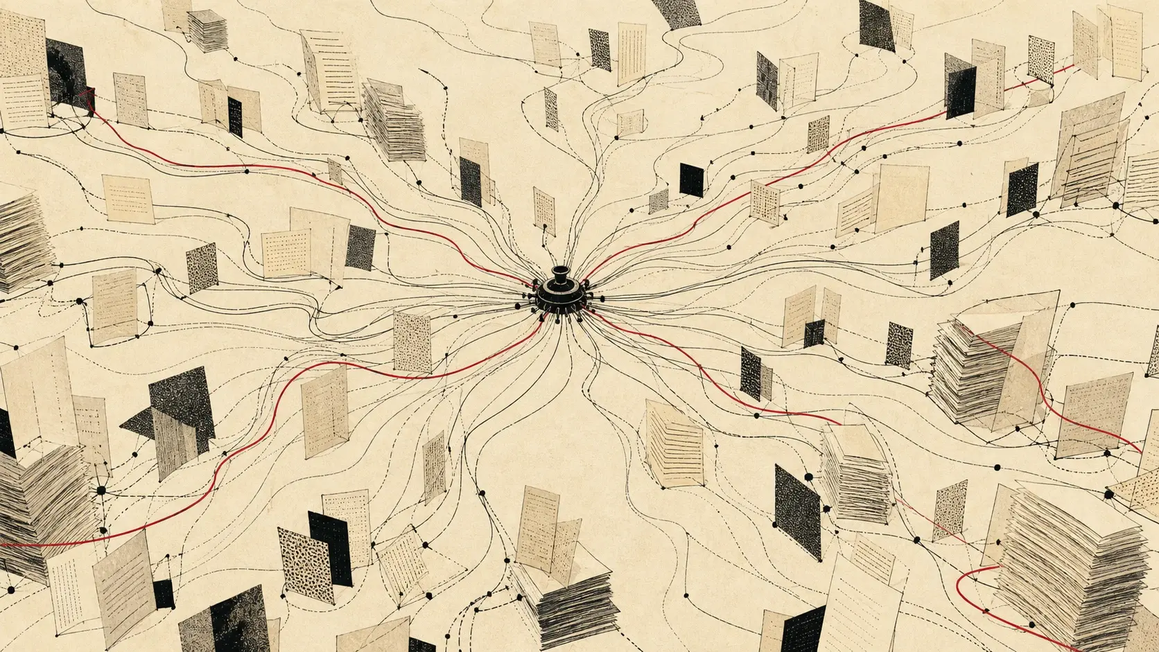 An ink-black central memory node linked by a crimson thread to a vast field of archival pages and document paths.
