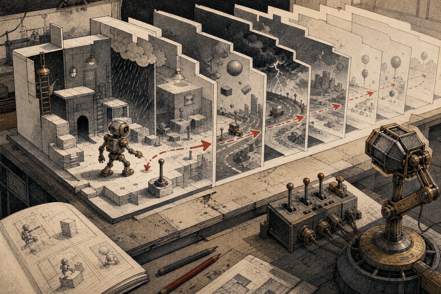 Editorial illustration of a paper theater simulator with future frames and a small mechanical explorer