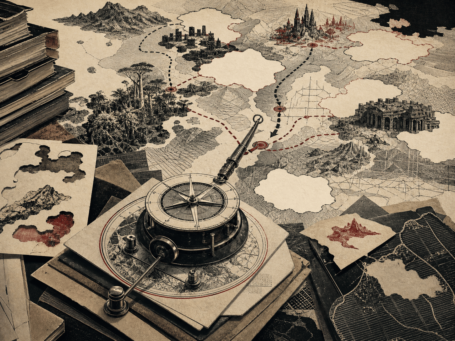 Editorial illustration of a compass-like prediction apparatus over an unfinished paper map