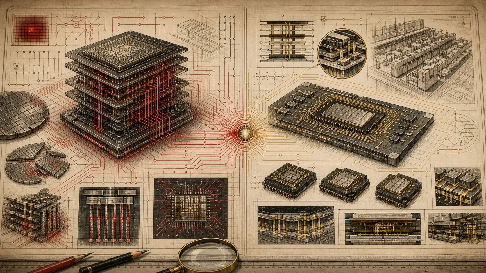 Text-free technical newspaper illustration of competing future semiconductor roadmaps, with folded logic layers, wafers, interconnects, and data-center chips.