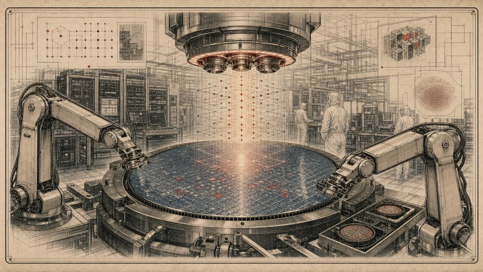 Technical newspaper illustration of a futuristic semiconductor foundry research line inspecting wafers and nanoscale structures