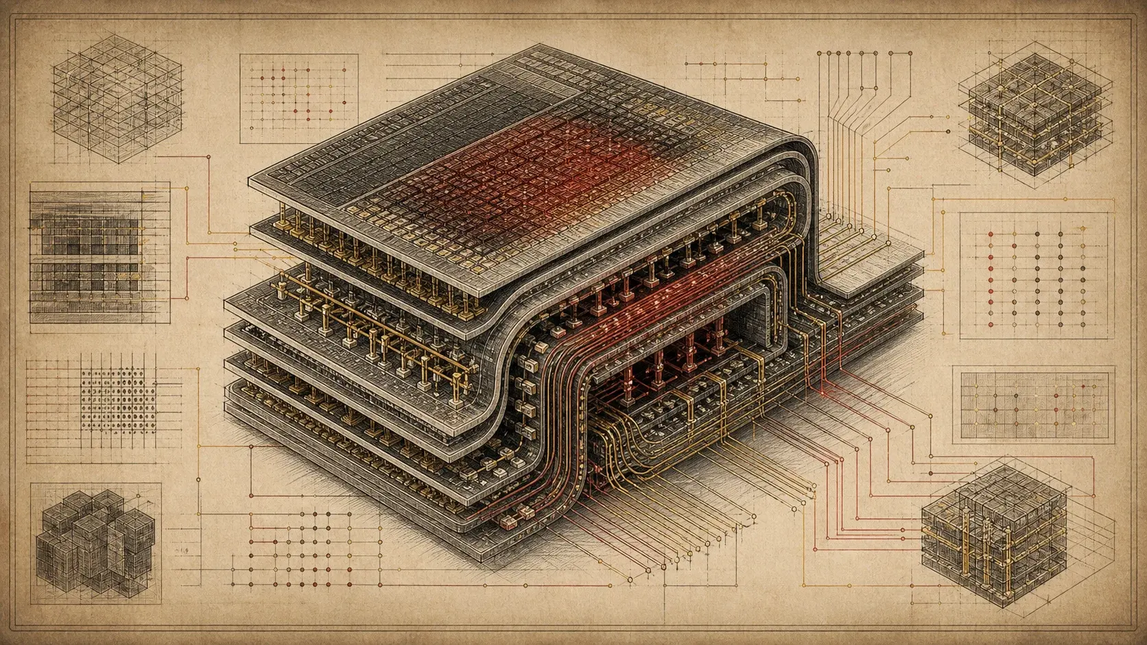 Technical newspaper illustration of folded compute logic layers and dense interconnects
