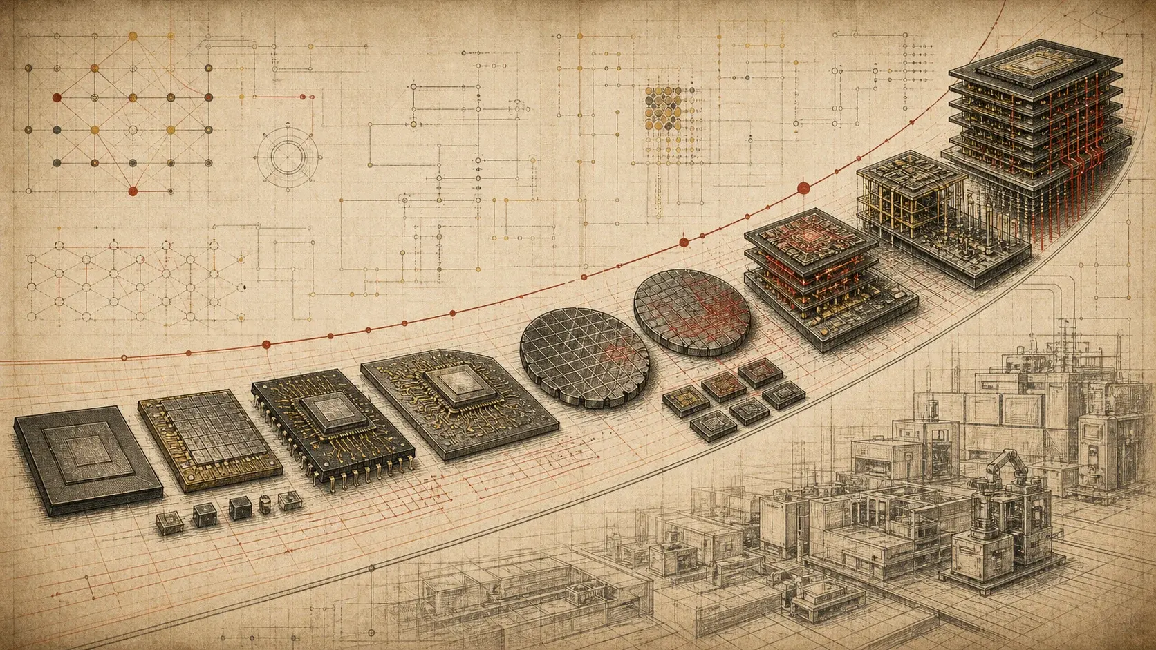 Editorial illustration of a semiconductor scaling frontier moving from flat chips to stacked compute structures
