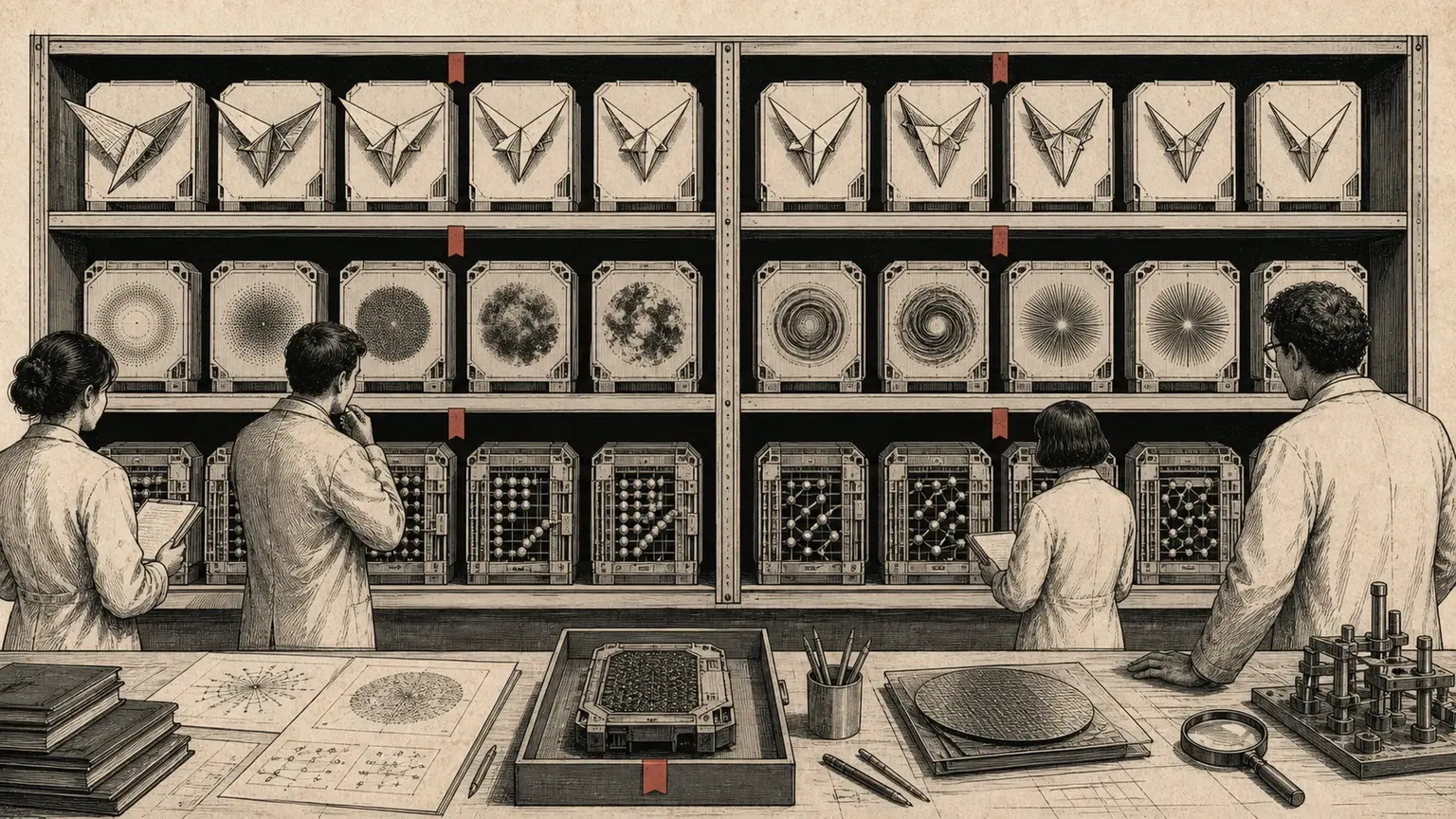 Three rows of abstract draft-model artifacts arranged in an open technical archive.