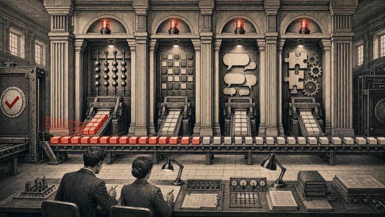 Abstract benchmark chamber with math, code, chat, and instruction-following stations receiving token streams.