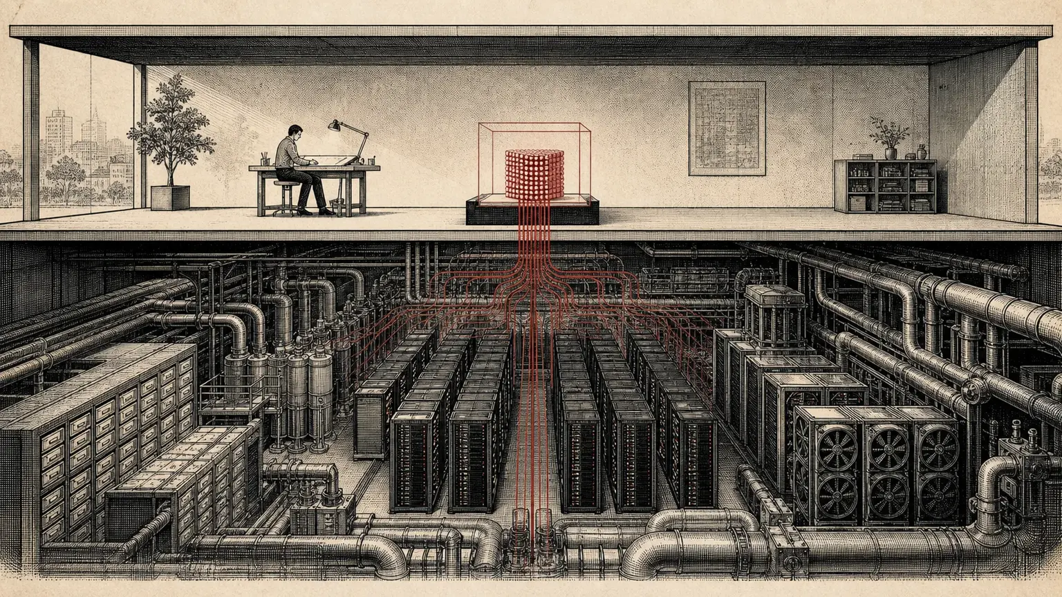 Cutaway of a small open-source artifact connected to a large basement of storage, GPUs, and cooling pipes.