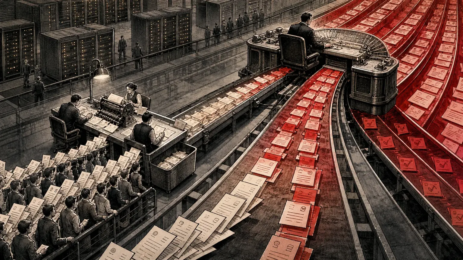 Abstract user request slips flowing through draft and target compute lanes in an operations room.