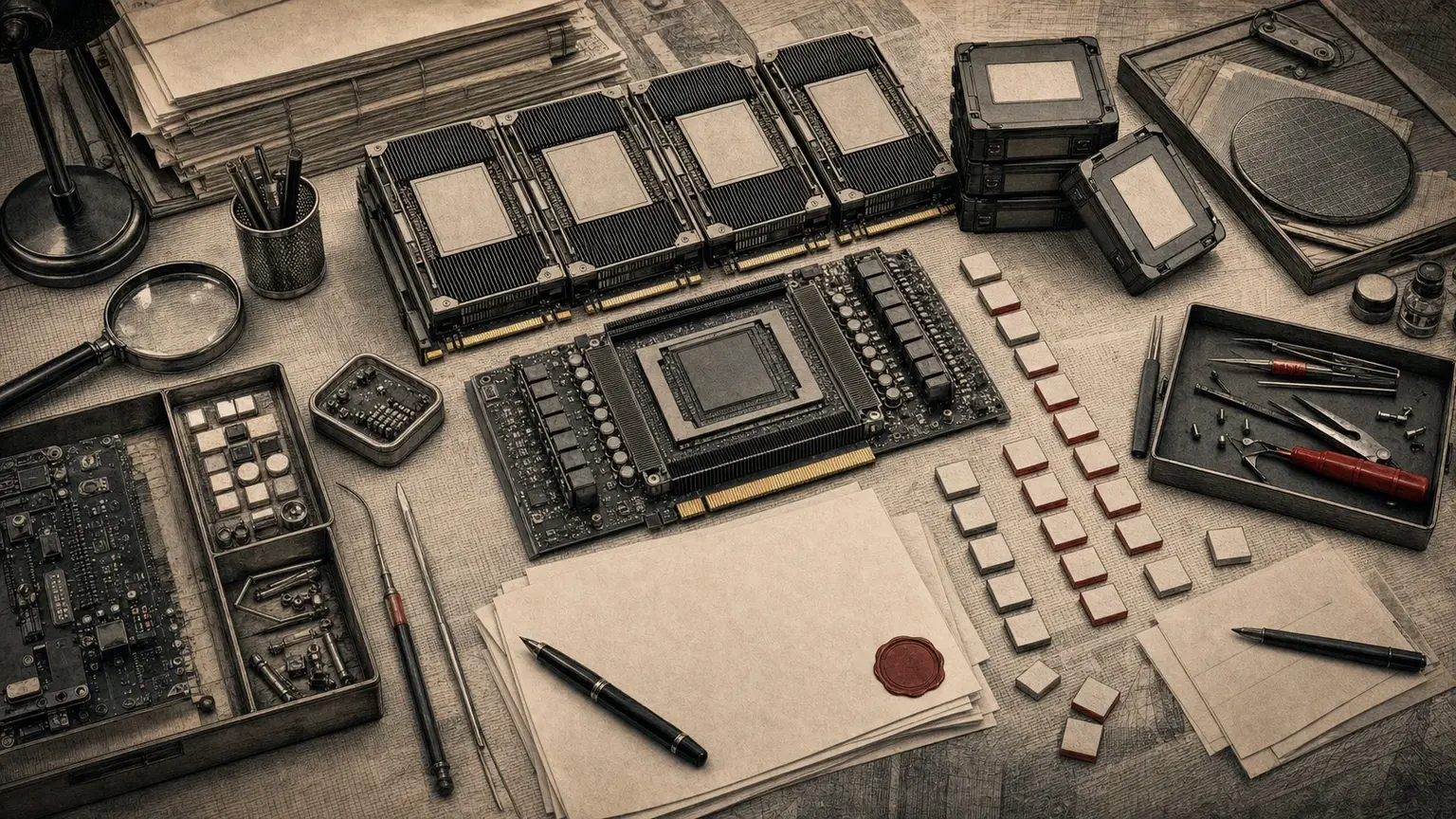 Open AI infrastructure still life with exposed server parts, blank papers, tools, and token tiles.