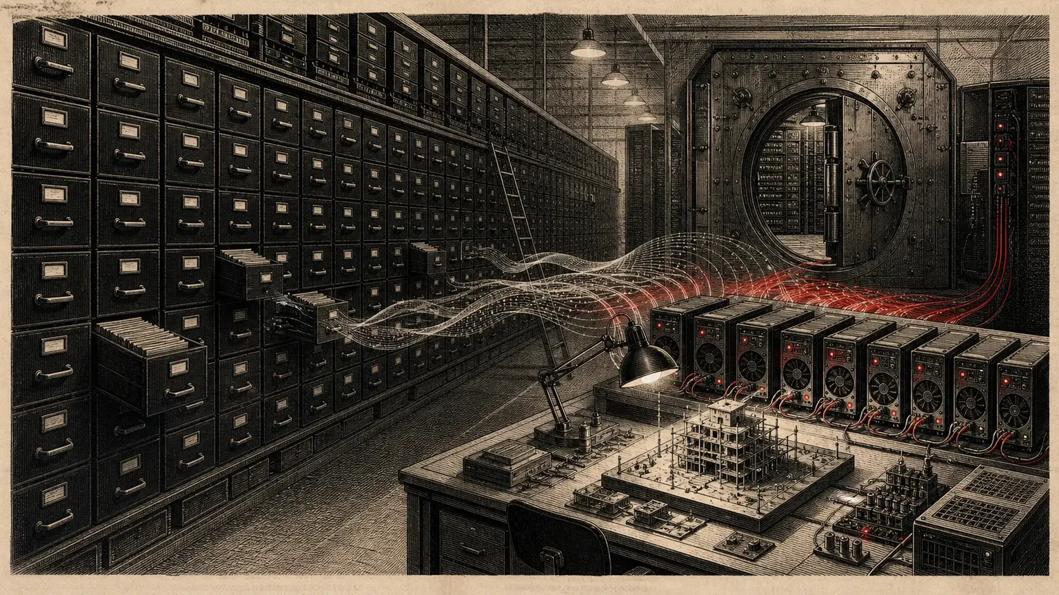 Massive archive of storage shelves feeding cached model outputs into a training bench.