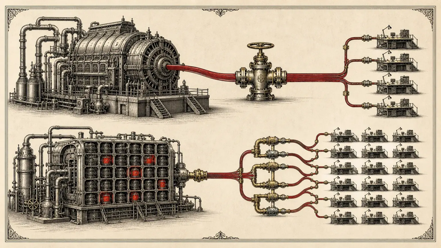 Engraved comparison of a large metered inference engine feeding several workbenches and a sparse specialist engine branching toward a wider experiment field.