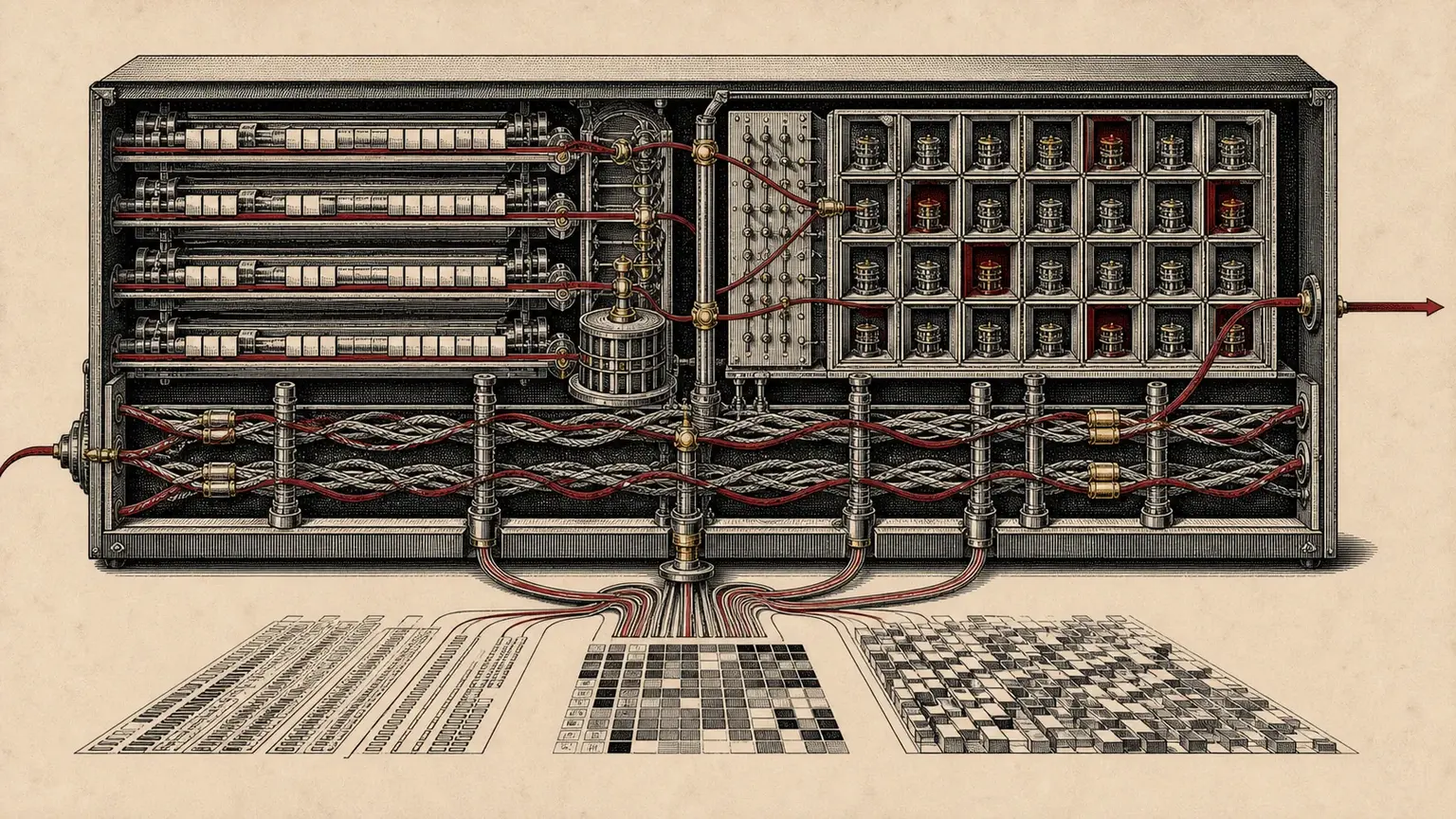 Engraved cutaway of a hybrid inference machine with memory rails, selective routing chambers, braided residual streams, and a narrow crimson signal path.