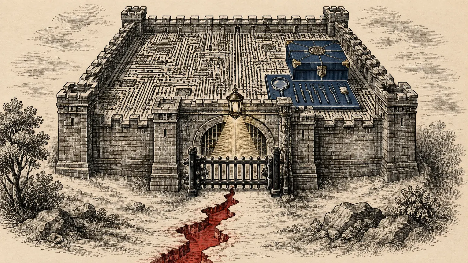An engraved fortified gateway stops a crimson fissure beneath an inspection lantern, with repair tools inside.