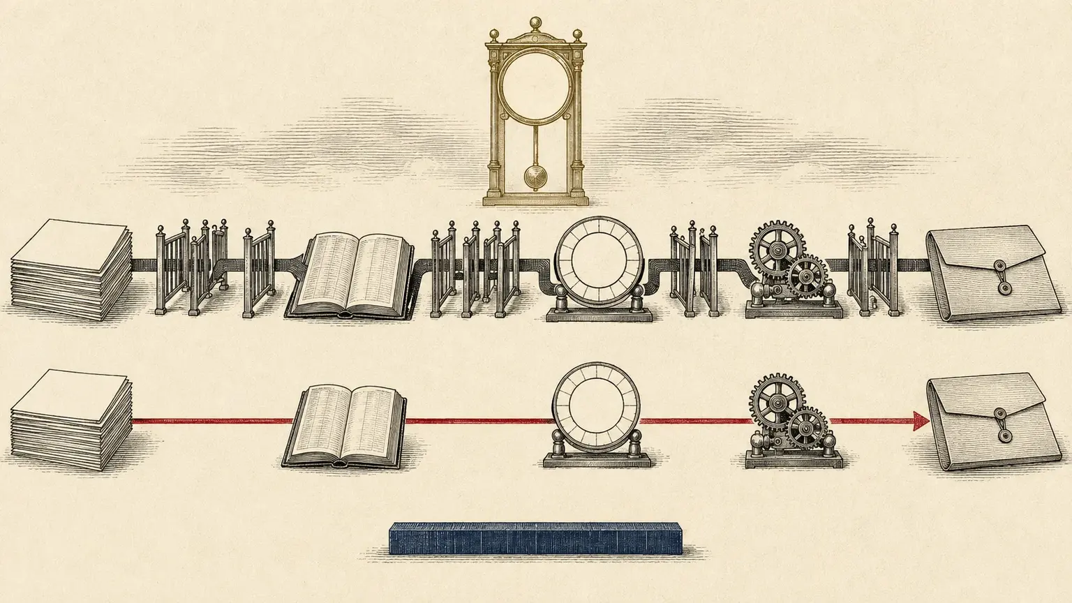 Two engraved workflow tracks pass the same office artifacts, with a crimson route reaching the final folder through fewer gates.