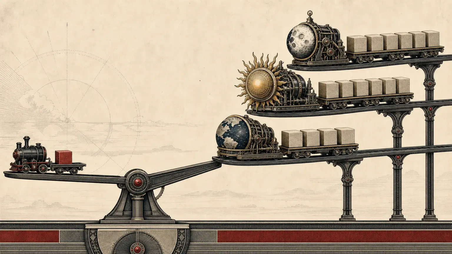 Editorial engraving of a compact black and crimson engine carrying one token block while larger specialized engines carry heavier loads on elevated tracks
