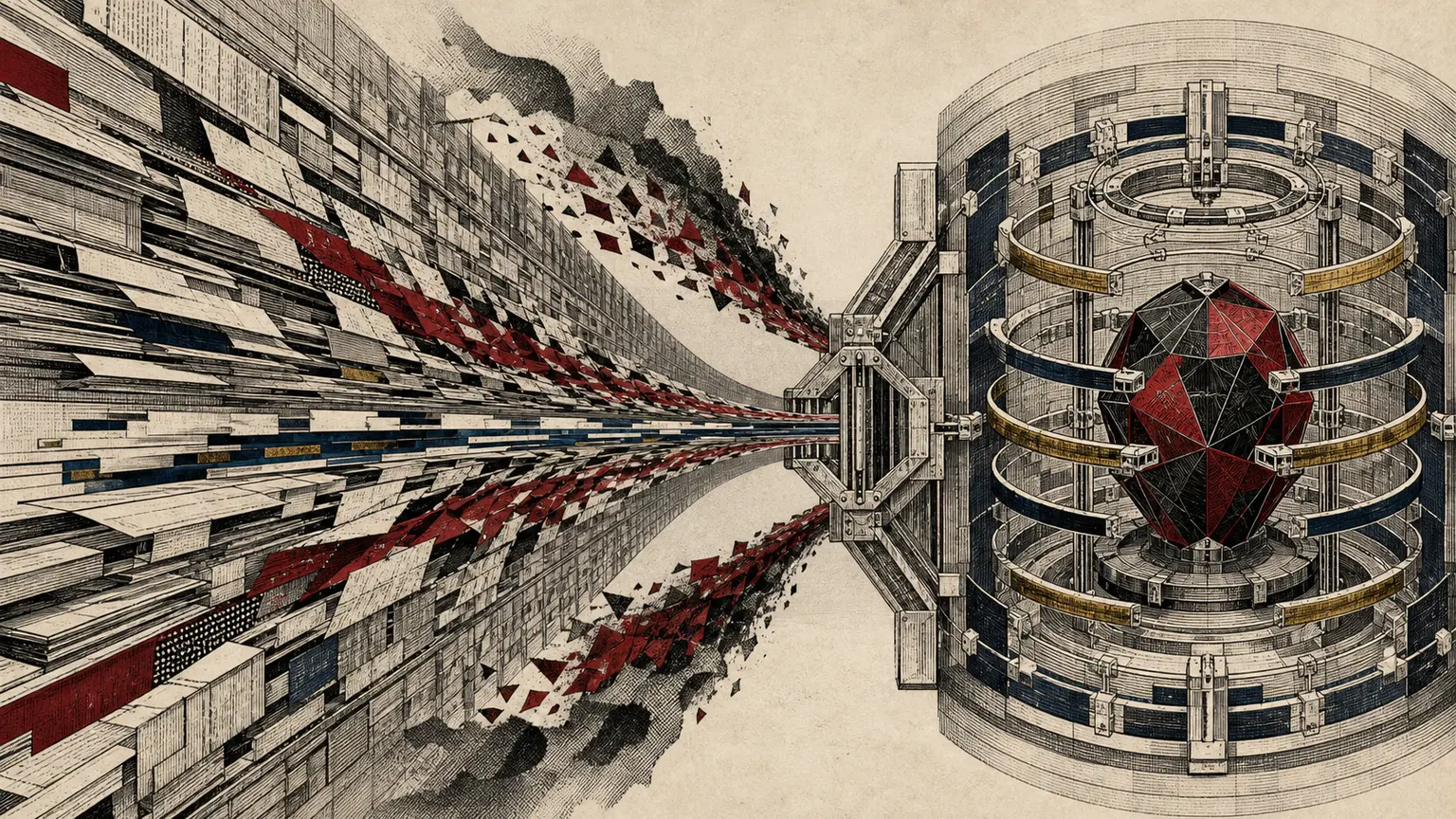 Editorial engraving of a vast archive stream narrowing through a mechanical verification gate into a faceted black and crimson agent core enclosed by layered guardrails