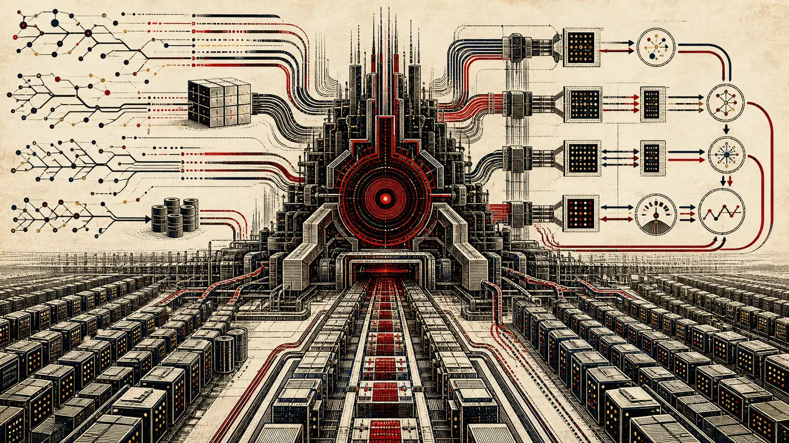 Editorial engraving of developer-agent workflow traces, evaluation loops, and compute arrays converging into a black and crimson model-training foundry