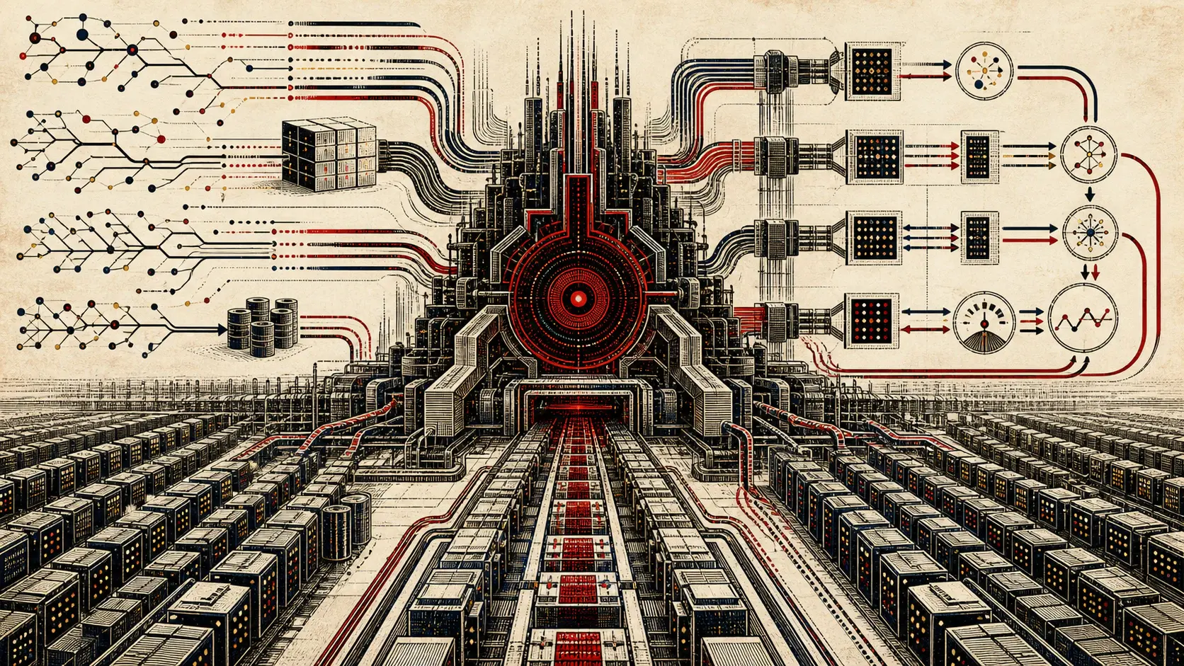 Editorial engraving of developer-agent workflow traces, evaluation loops, and compute arrays converging into a black and crimson model-training foundry