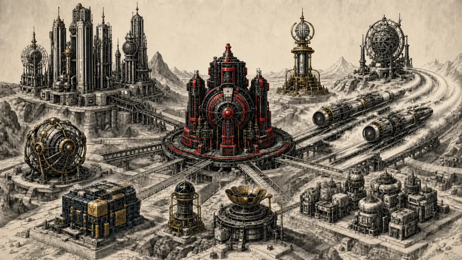 Editorial engraving of multiple distinct AI engines distributed across a physical market landscape for intelligence, speed, and cost, with a balanced black and crimson engine near the center