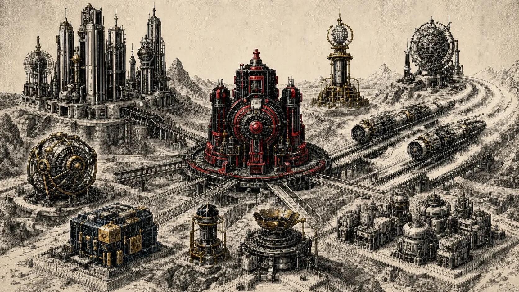 Editorial engraving of multiple distinct AI engines distributed across a physical market landscape for intelligence, speed, and cost, with a balanced black and crimson engine near the center