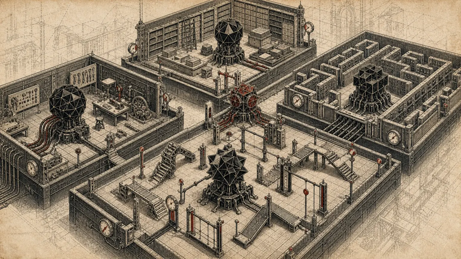 Engraved mechanical evaluation hall splitting four black AI engines across a coding workshop, terminal maze, knowledge archive, and obstacle course with distinct gauges and checkpoints