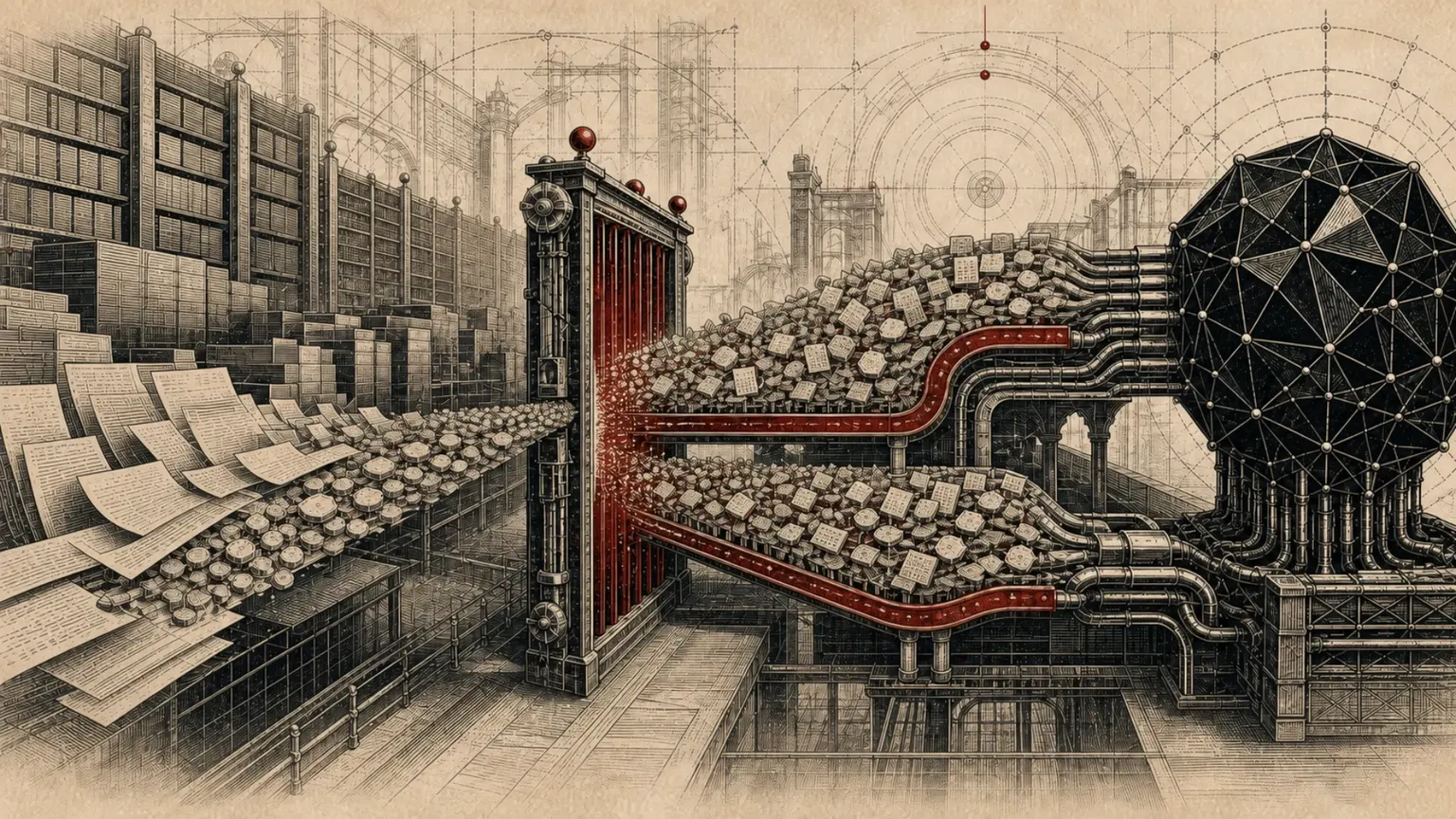 Engraved editorial scene of an archive stream passing through a crimson threshold gate, doubling into two heavy channels before entering a faceted black model core