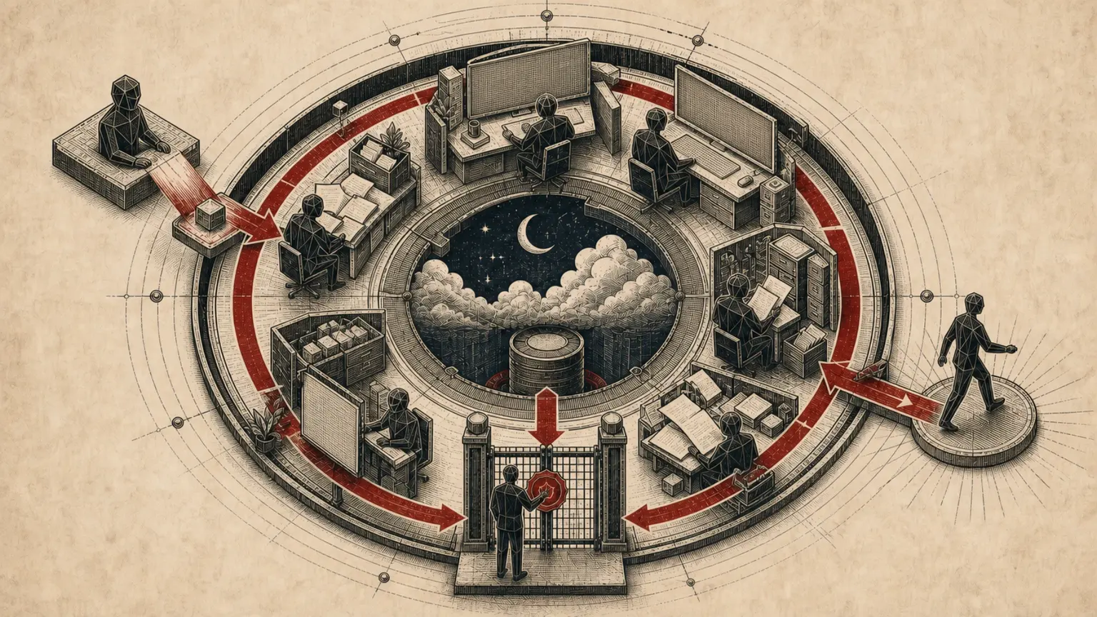 Circular engraved workshop showing abstract agents carrying a task through browser, terminal, and file stations overnight before a human approval gate returns the reviewed routine to the start